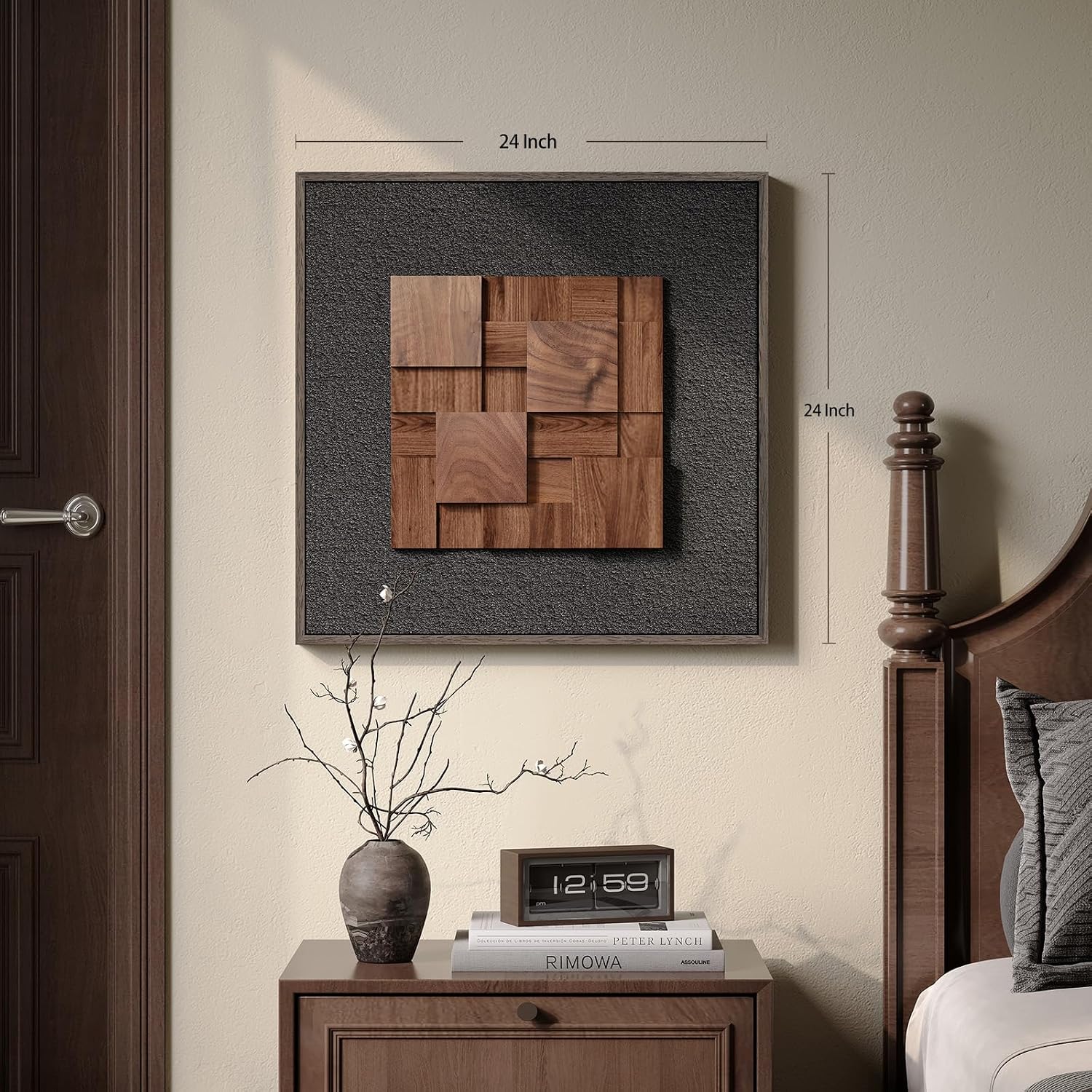 Framed 3D Textured Wood Wall Art, Modern Minimalist Black Painting Artwork for Walls, Vintage Geometric Natural Wooden Wall Art Decor for Living Room, Hallway, Dining Room, Bedroom, Office, 24x24