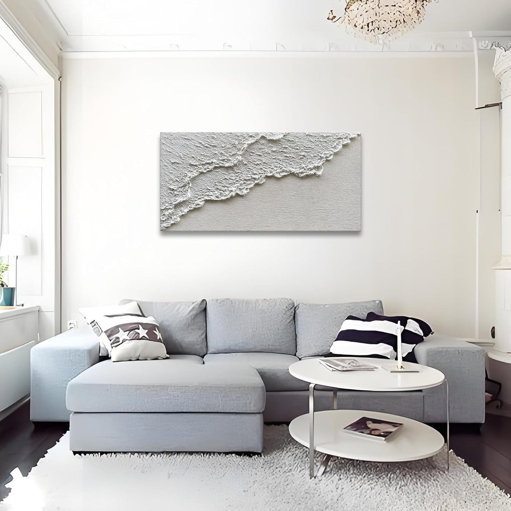 Hand Painted White Art Oil Painting Waves Abstract Canvas Painter House Wall Art Deco 24x48 inches
