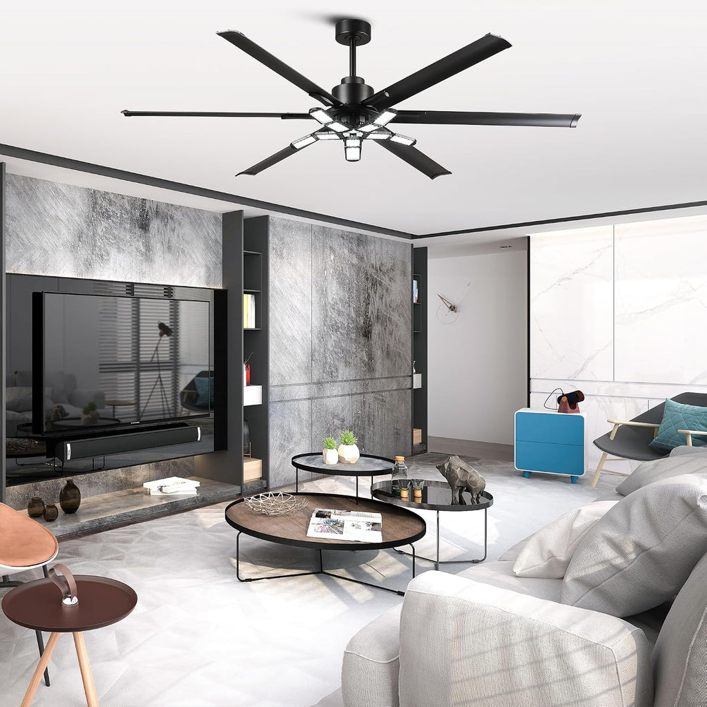 84 Inch Ceiling Fans with Lights and Remote, Industrial High CFM Ceiling Fans for Living Room Shop Garage, 6609LM Super Bright LED, 6 Aluminum Blades, Reversible Quiet DC Motor, Matte Black