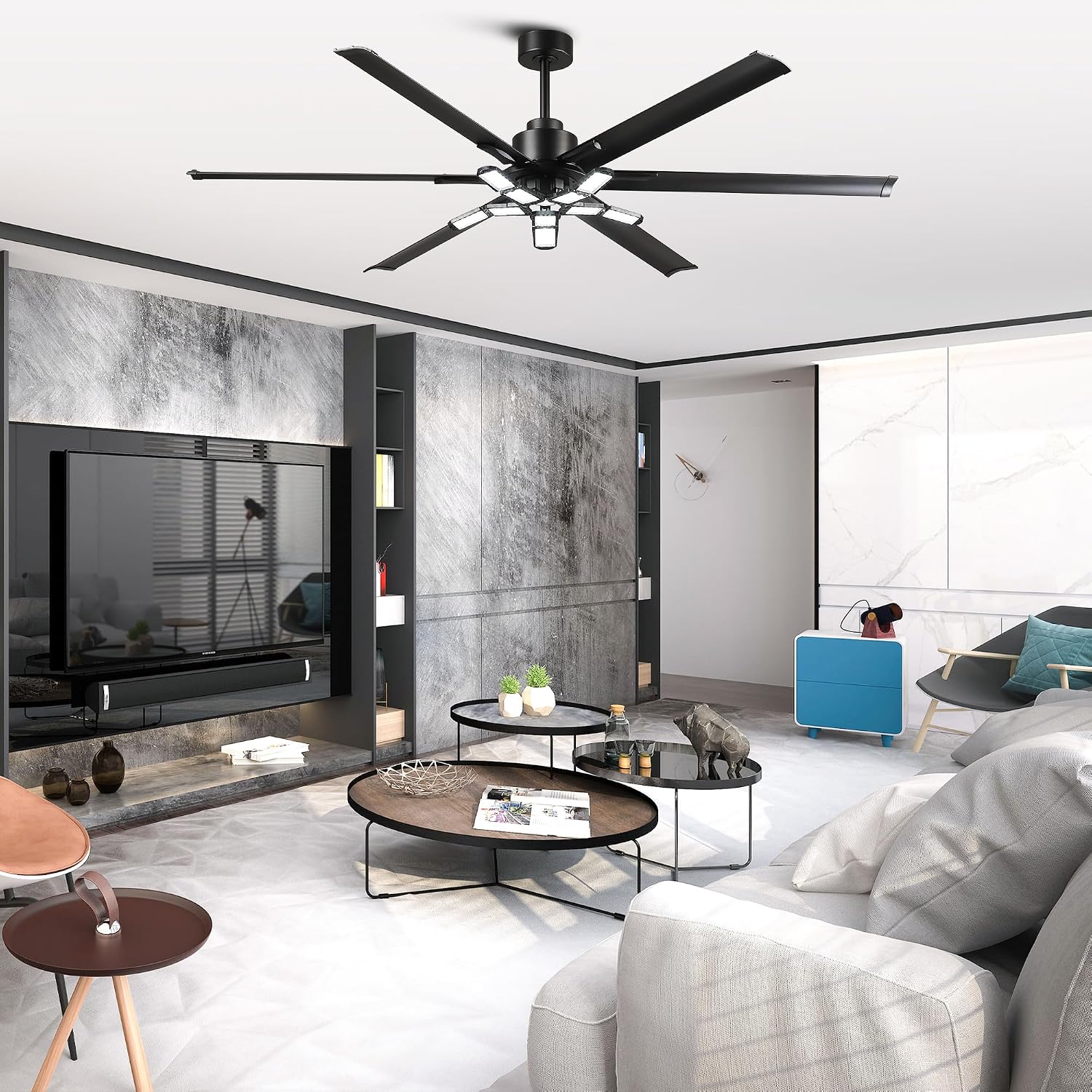 84 Inch Ceiling Fans with Lights and Remote, Industrial High CFM Ceiling Fans for Living Room Shop Garage, 6609LM Super Bright LED, 6 Aluminum Blades, Reversible Quiet DC Motor, Matte Black