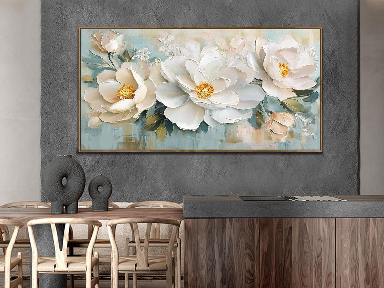 Enartly White Flowers Framed Wall Art for Living Room, 3D Textured Floral Canvas Painting Sage Florals Picture Artwork for Bedroom Dining Room Kitchen Home Office Wall Decor, 48'x24'