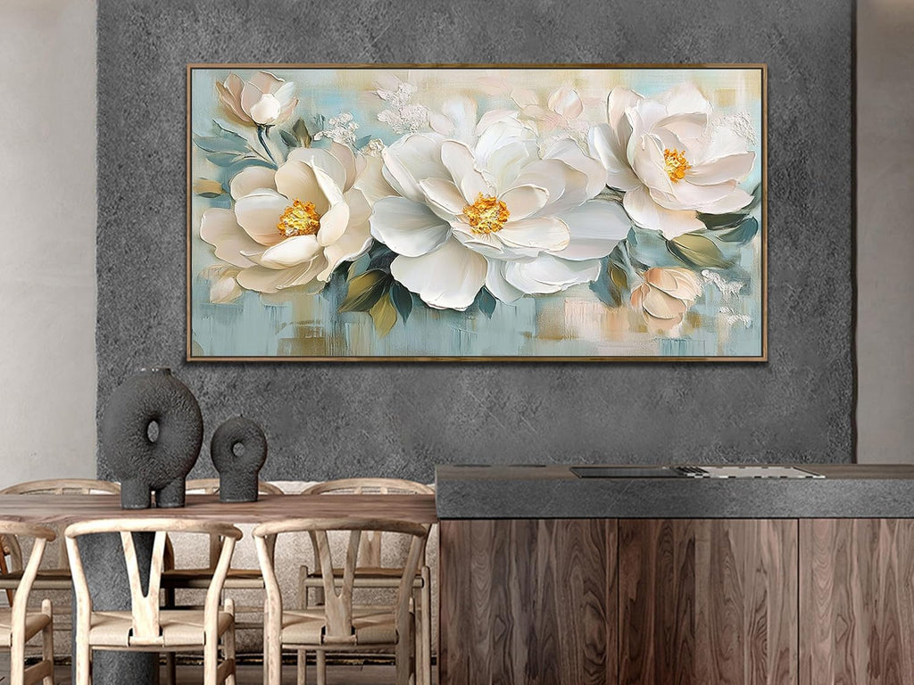 Enartly Extra White Flowers Framed Wall Art for Living Room, 3D Textured Floral Canvas Painting Sage Florals Picture Artwork for Bedroom Dining Room Kitchen Home Office Wall Decor, 58'x29'