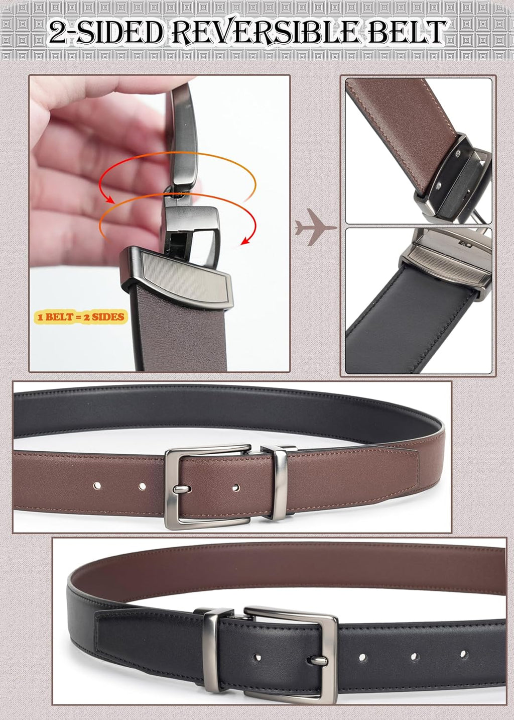 Reversible Belt for Men Black Brown PU Leather Belt with Alloy Pin Buckle, Mens Dress Belt for Work Casual, 1.3' Wide