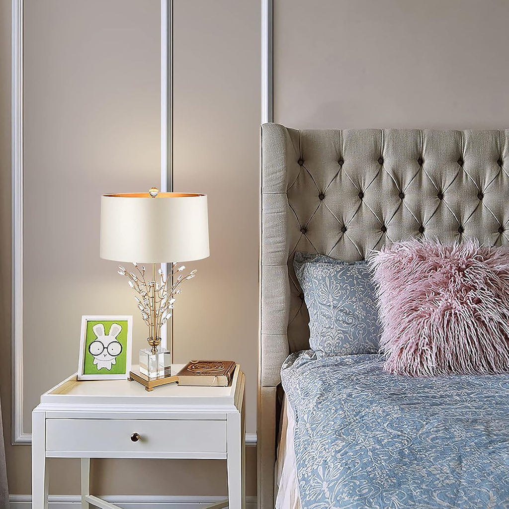 Glass Table Lamp Modern Bedside Lamp Decorative with Metal Base White Linen Fabric Lampshade Modern Bedside Lamp for Bedroom Living Room Elegant Nightstand Lamp Crystal Decoration for Office Desk