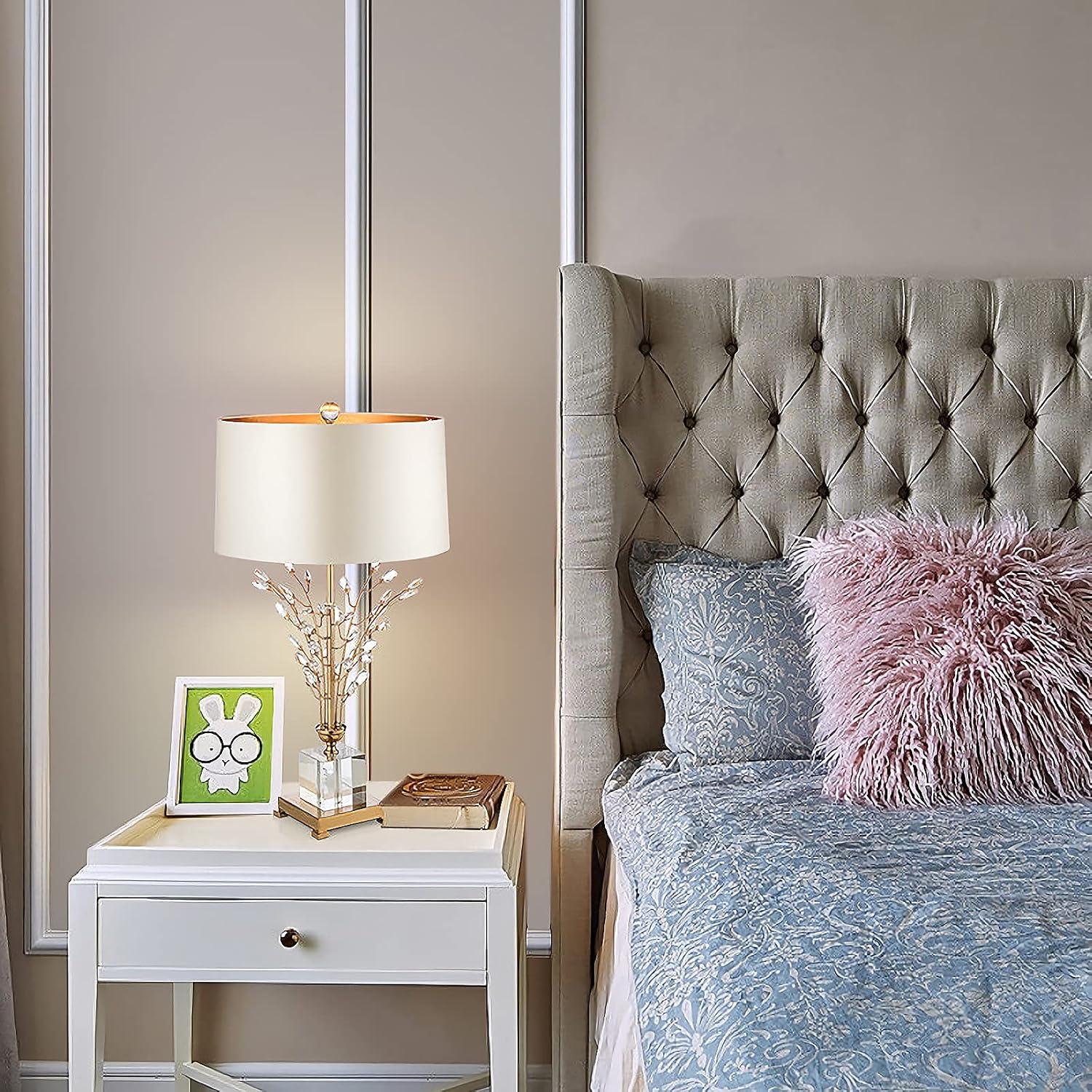 Glass Table Lamp Modern Bedside Lamp Decorative with Metal Base White Linen Fabric Lampshade Modern Bedside Lamp for Bedroom Living Room Elegant Nightstand Lamp Crystal Decoration for Office Desk