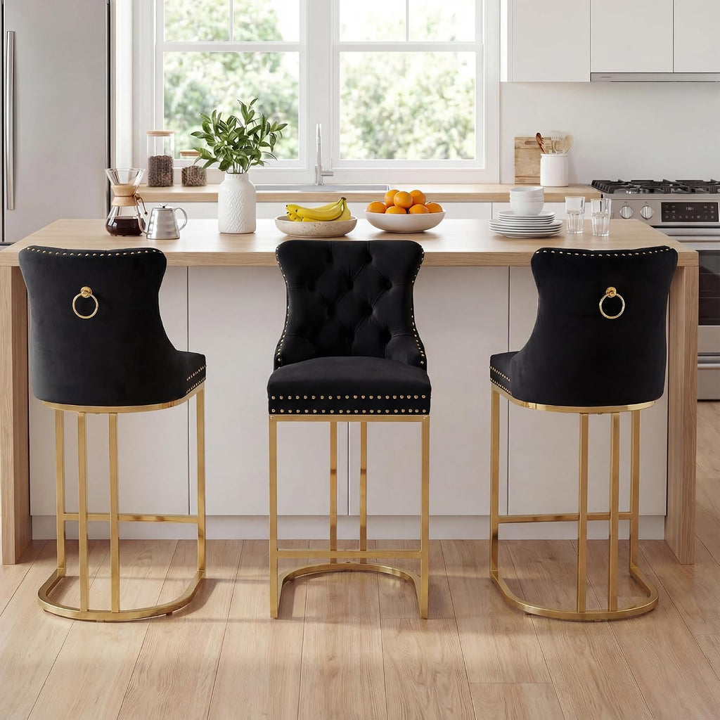 AQO 26 Inch Bar Stools Set of 3, Modern Counter Height Bar Stools with Gold Legs, Upholstered Velvet Counter Stools for Kitchen Island, Black