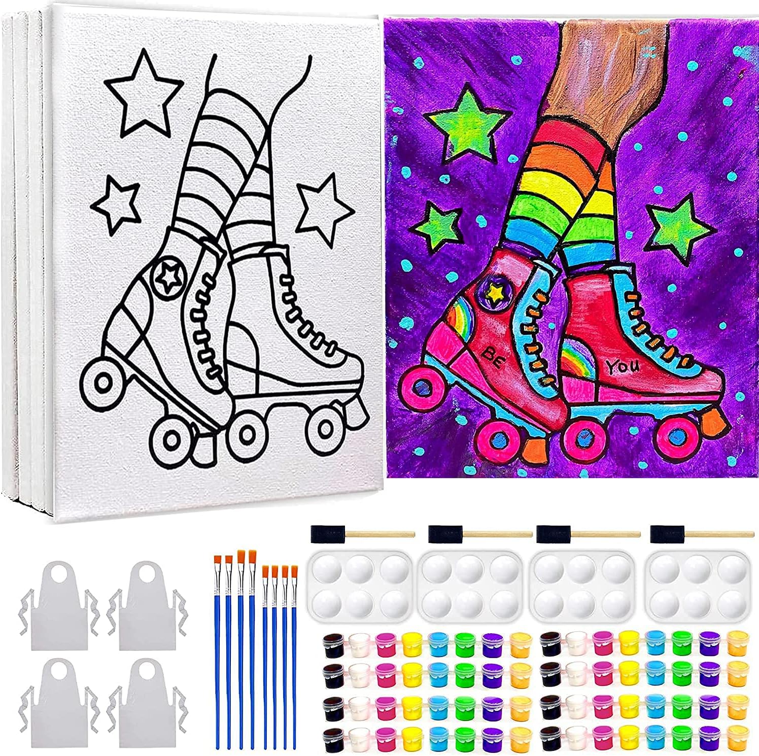 Pre Drawn Canvas Paint Kit for Adults Kids Couples | 4-40 PACK Discounted Bundle | Roller Skates | DIY Birthday Gift & Sip and Paint With Twist Party Favor | 11x14