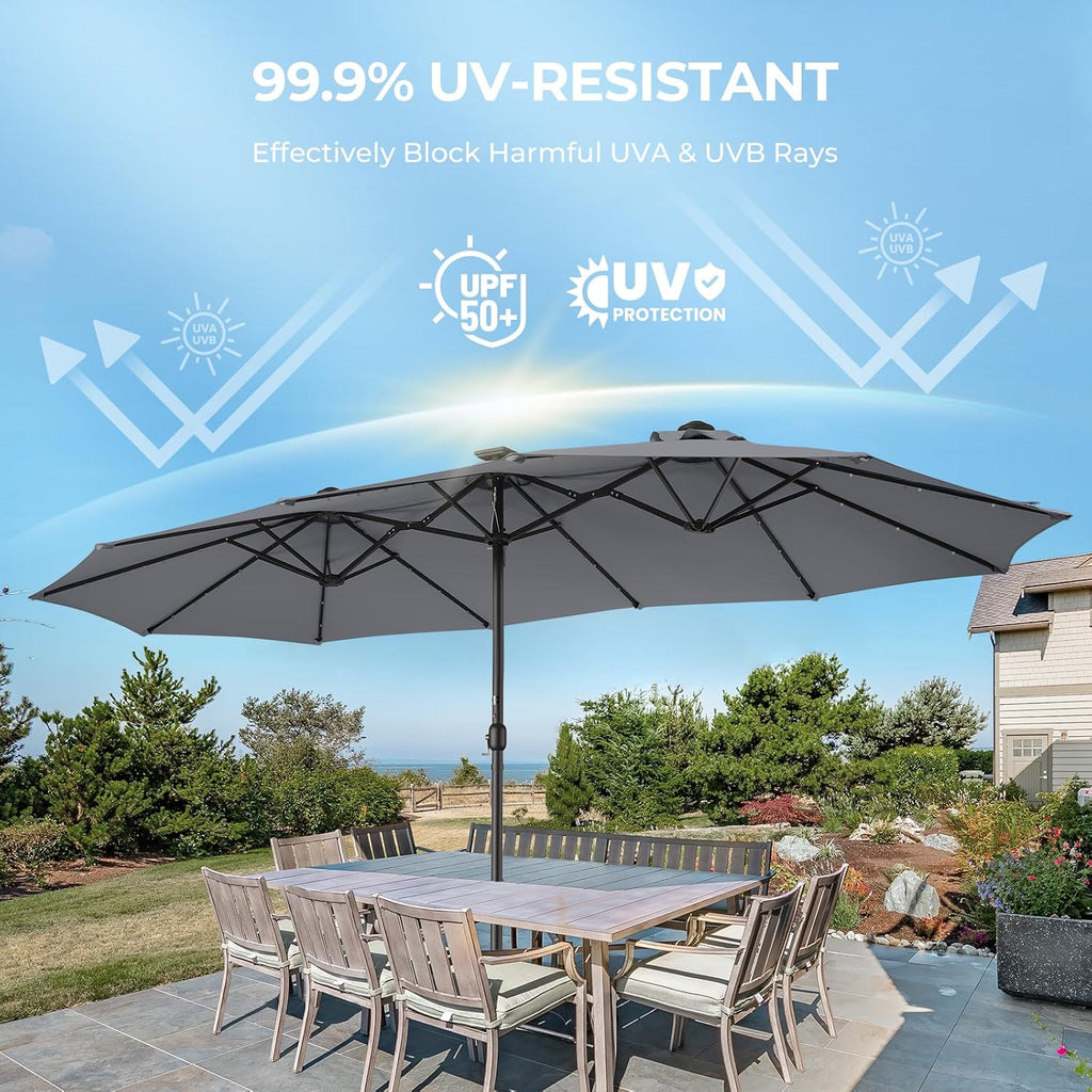 HOMSHADE Double Sided Patio Umbrellas - 15ft Solar Lights LED Lighted Outdoor Extra Large Market Table Umbrella with Base Included, Oversized Umbrella for Deck, Pool, Backyard