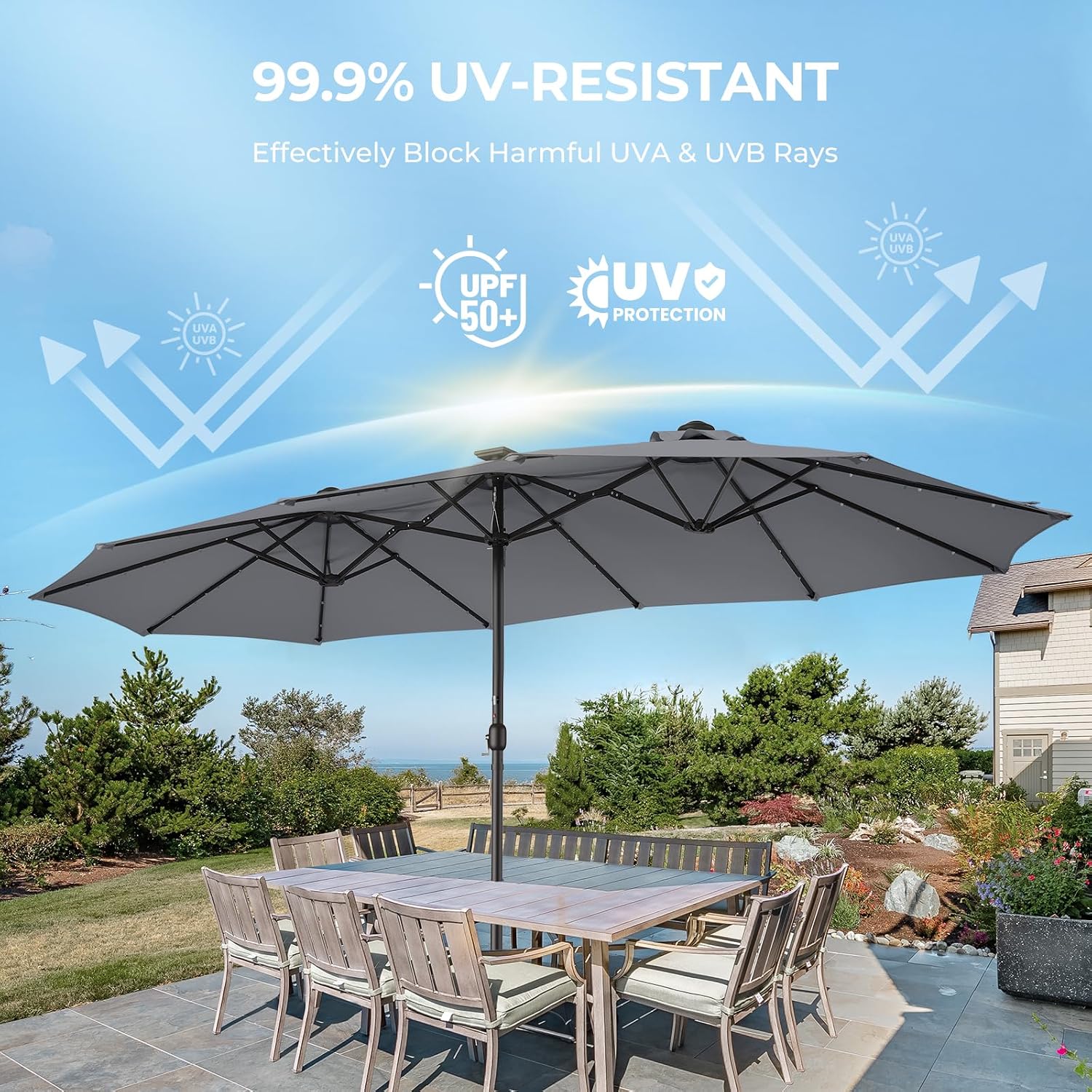 HOMSHADE Double Sided Patio Umbrellas - 15ft Solar Lights LED Lighted Outdoor Extra Large Market Table Umbrella with Base Included, Oversized Umbrella for Deck, Pool, Backyard