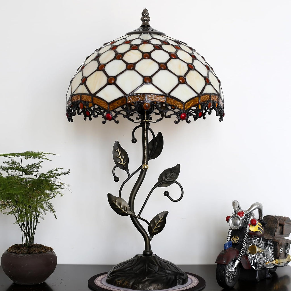 Tiffany Lamp Stained Glass Style Table Lamp Beads Style Bedside Desk Reading Light W12H19 Inch Metal Leaf Base with Metal Leaf Base