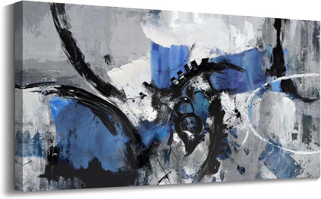 Large Abstract Wall Art - Canvas Wall Art in Blue and Black Tones, Framed Gray Artwork for Living Room, Bedroom, and Office Decorations for Work - Modern Wall Decor and Pictures