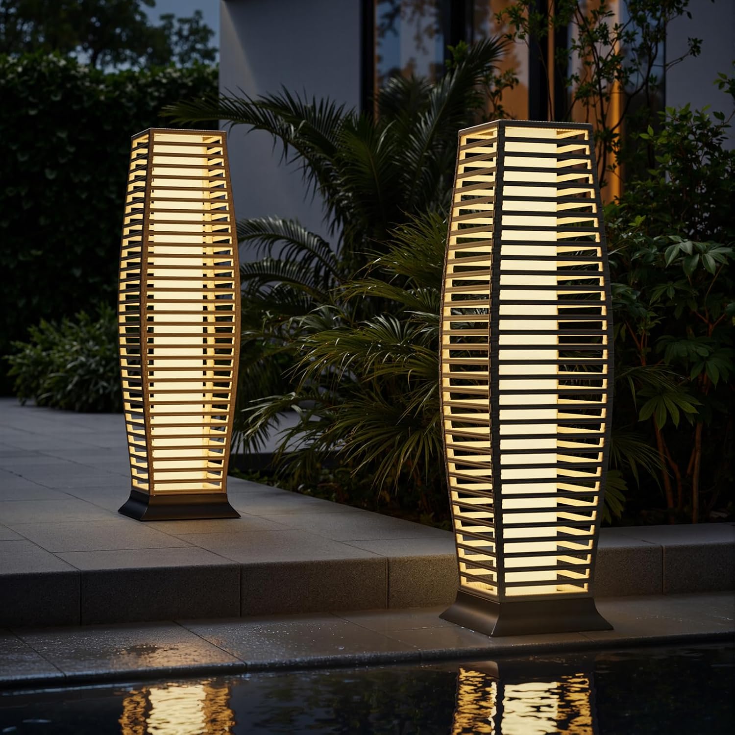 Rattan Outdoor Floor Lamp Set of 2, Boho Solar Porch Lights Outdoor Waterproof for Patio, Garden, Balcony & Deck, Natural (Horizontal)