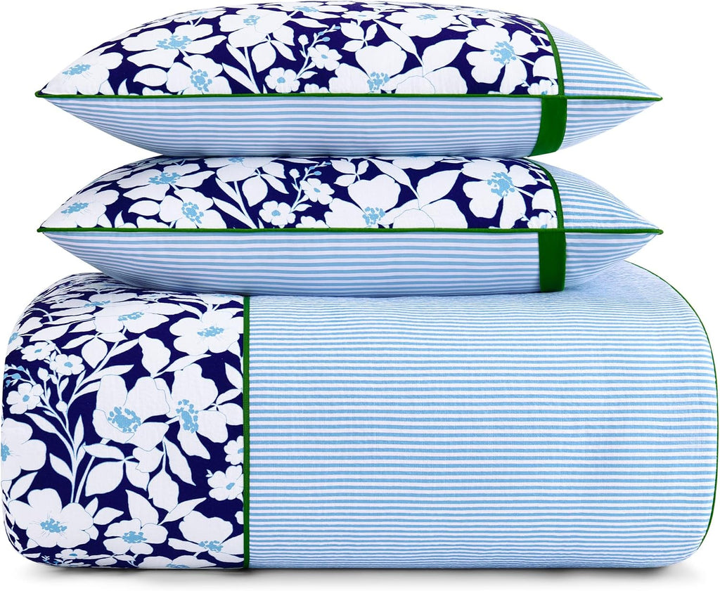 kate spade new york Anemone Field King Comforter Set, 100% Cotton Reversible Cover, All Season 3 Piece Bedding, Machine Washable, Blue Multicolor