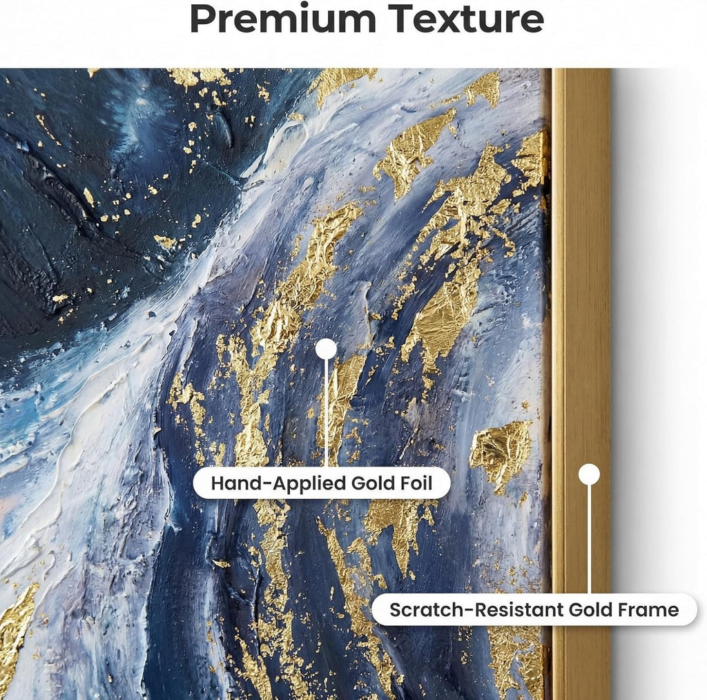3 Piece Abstract Wall Art for Living Room, Blue and Gold Fluid Art Canvas Painting with Gold Frame for Office, Modern Luxury Wall Decor for Bedroom Ready to Hang 72x36 inches