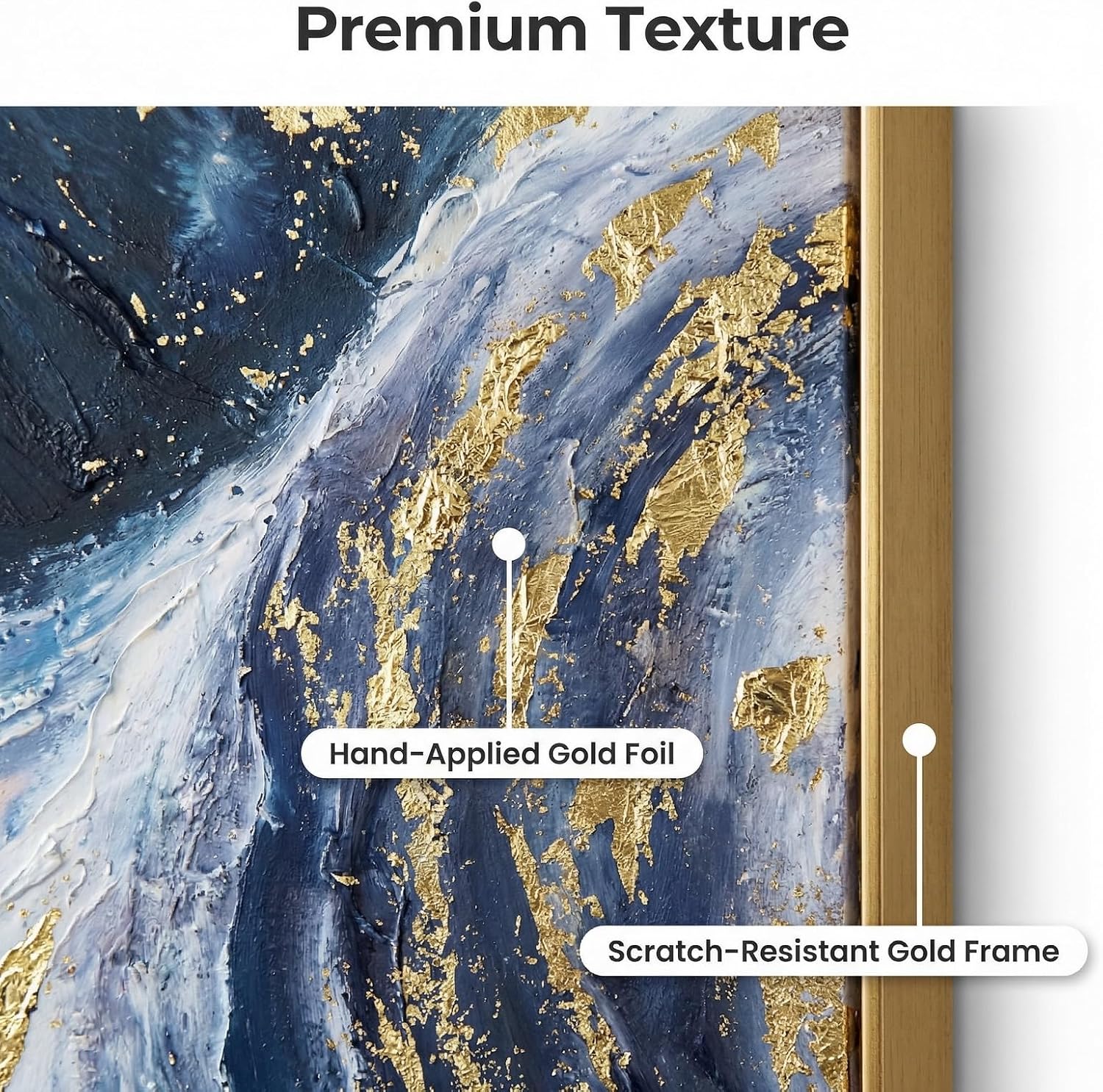 3 Piece Abstract Wall Art for Living Room, Blue and Gold Fluid Art Canvas Painting with Gold Frame for Office, Modern Luxury Wall Decor for Bedroom Ready to Hang 72x36 inches