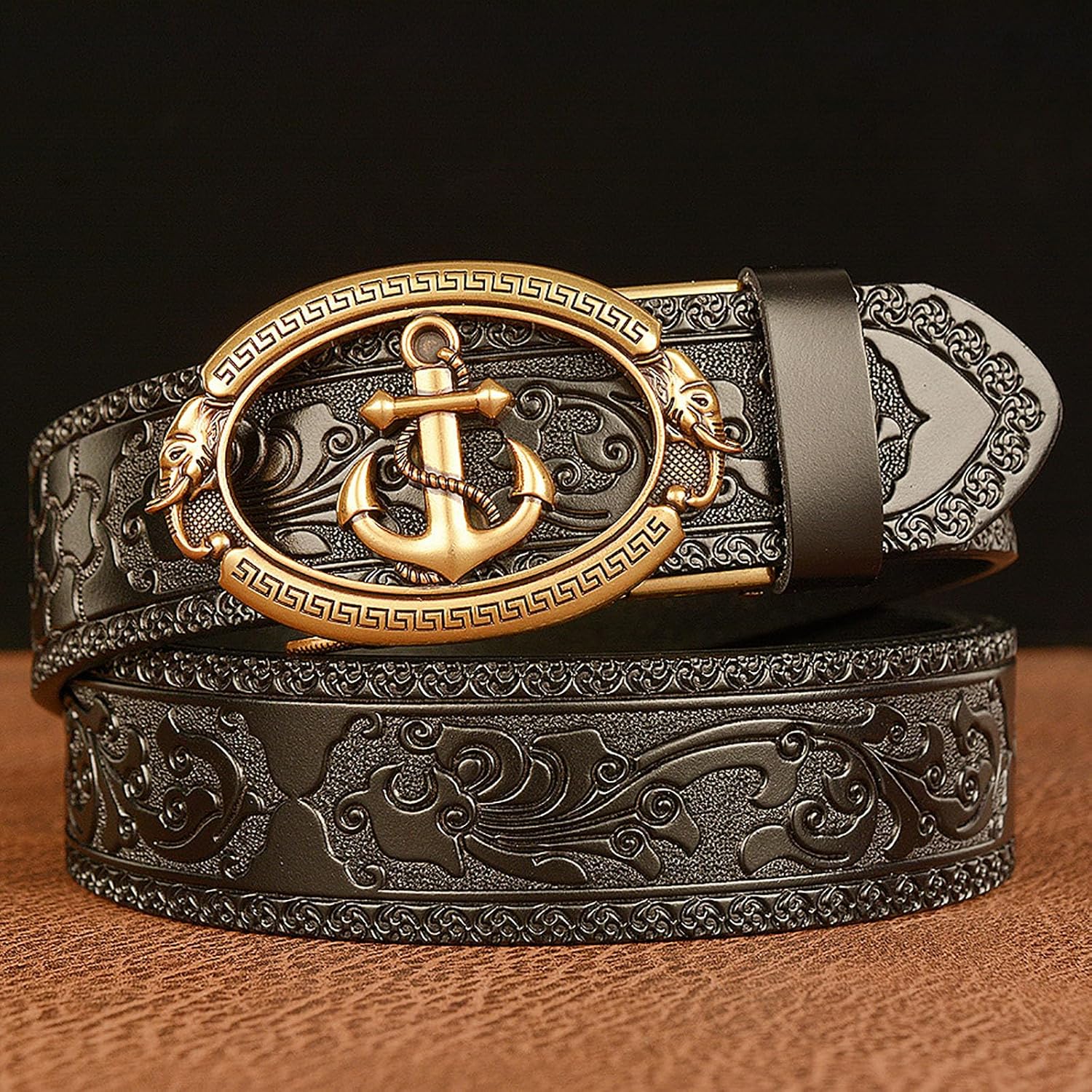Mens Ratchet Leather Belt, Genuine Leather belts, Engraved Vintage Dragon Eagle Tiger Buckle, Business leisure belt