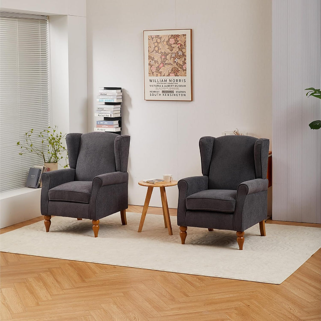 Mid-Century High Wingback Chair Set of 2,Modern Fabric Accent Chair Armchair with Solid Wood Coffee Table Set,Leisure Single Sofa Chair for Living Room,Club,Home Reception,Antique Dark Grey