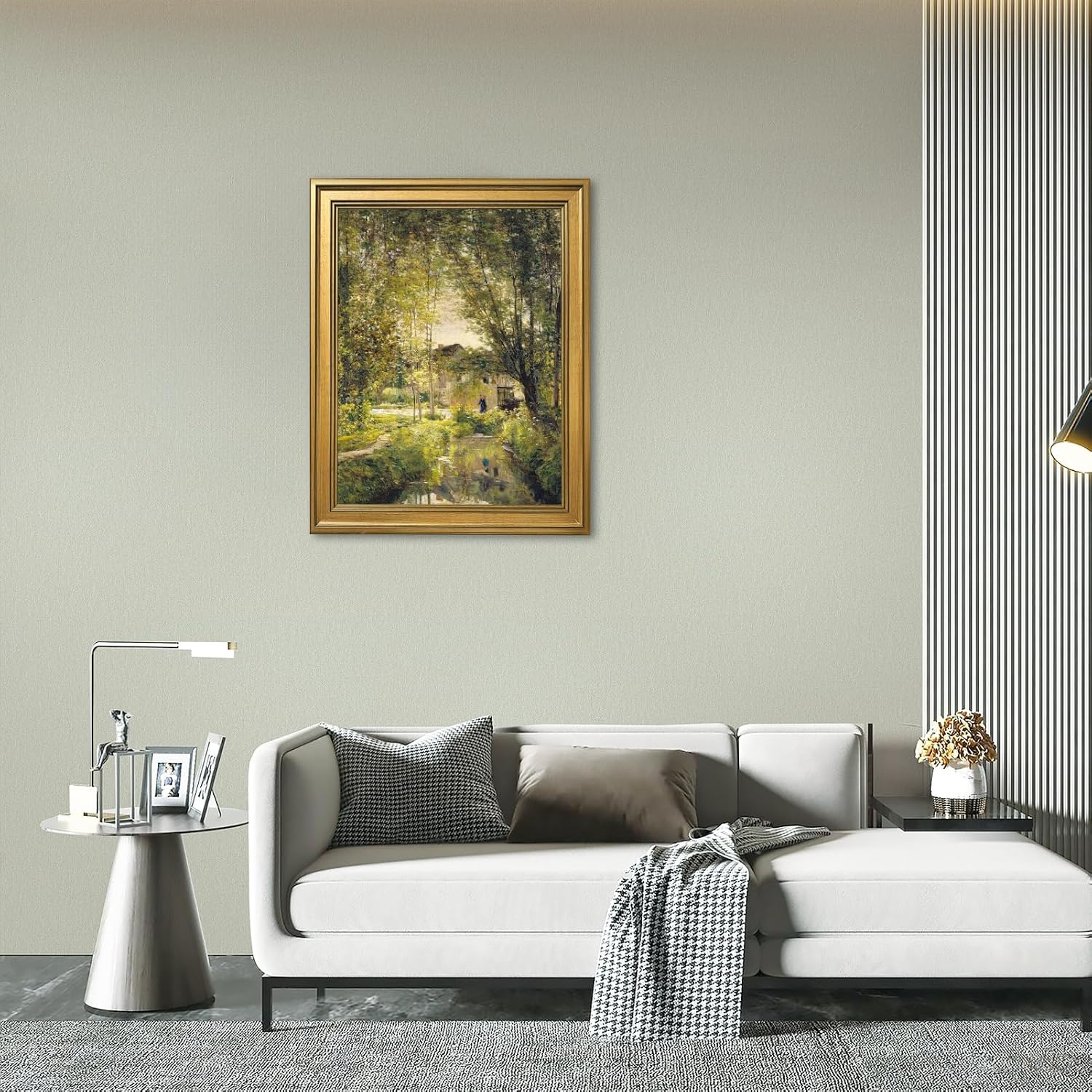 Gold Framed Vintage Wall Art Decor River Landscape Canvas Print Cottage Painting Rural Farmhouse Decor Tranquil Nature Scenery Picture Poster for Living Room Bedroom Office 24X36inch