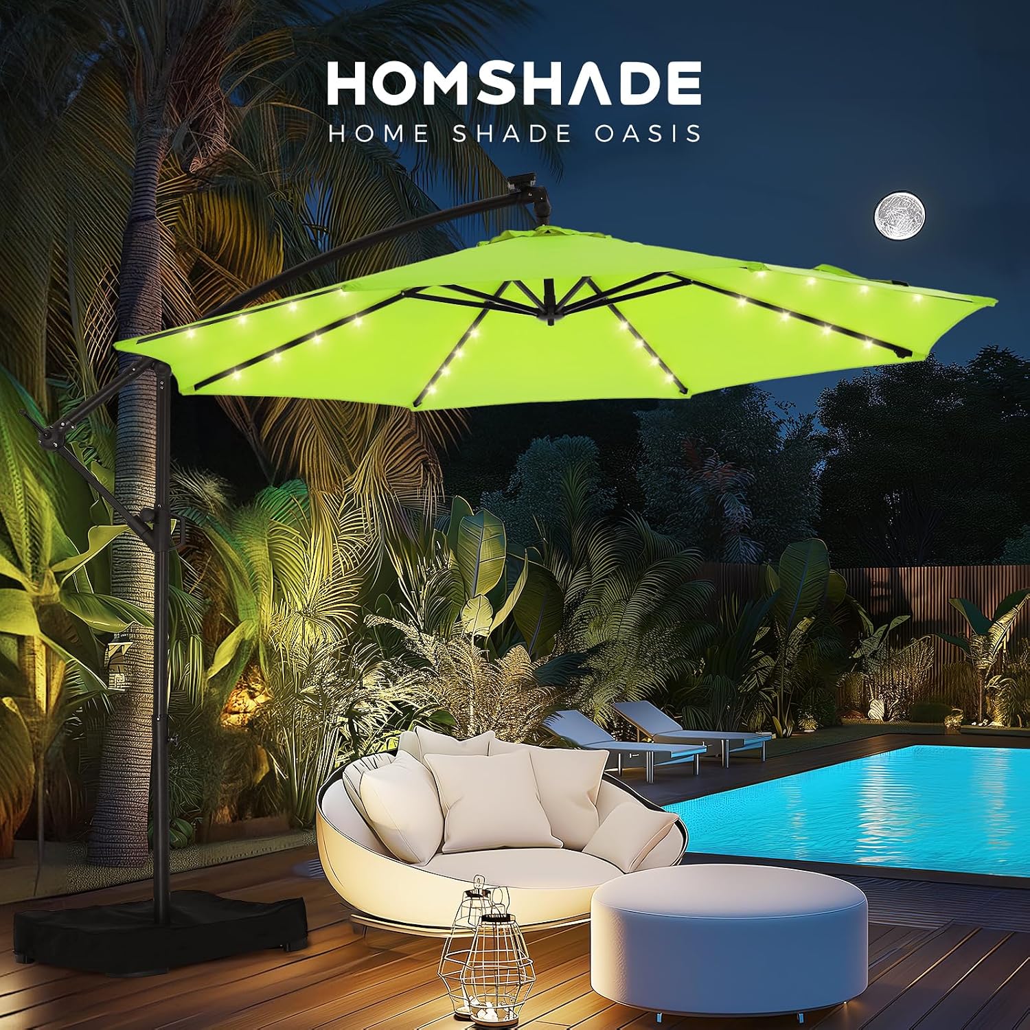 HOMSHADE 10ft Solar Lights Offset Cantilever Patio Umbrella - with Light and Base, LED Lighted Offset Hanging Patio Outdoor Market Umbrella UPF50+ UV Protection with Easy Tilt and Crank (Apple Green)