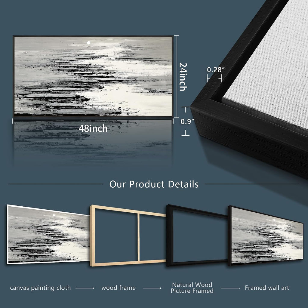 XIGUANGART Black and White Wall Art for Living Room Large Framed Canvas Print Minimalist Ocean Skyline Sunset Abstract Pictures Modern Painting For Bedroom Office Home Wall Decor Ready to Hang