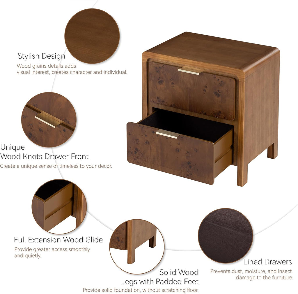 COZAYH Farmhouse Nightstand with 2 Drawer, Distressed Wood Rustic Accent Bedside Table, Burl Finish Side Table for Bedroom, Entryway, Fully Assembled, Brown
