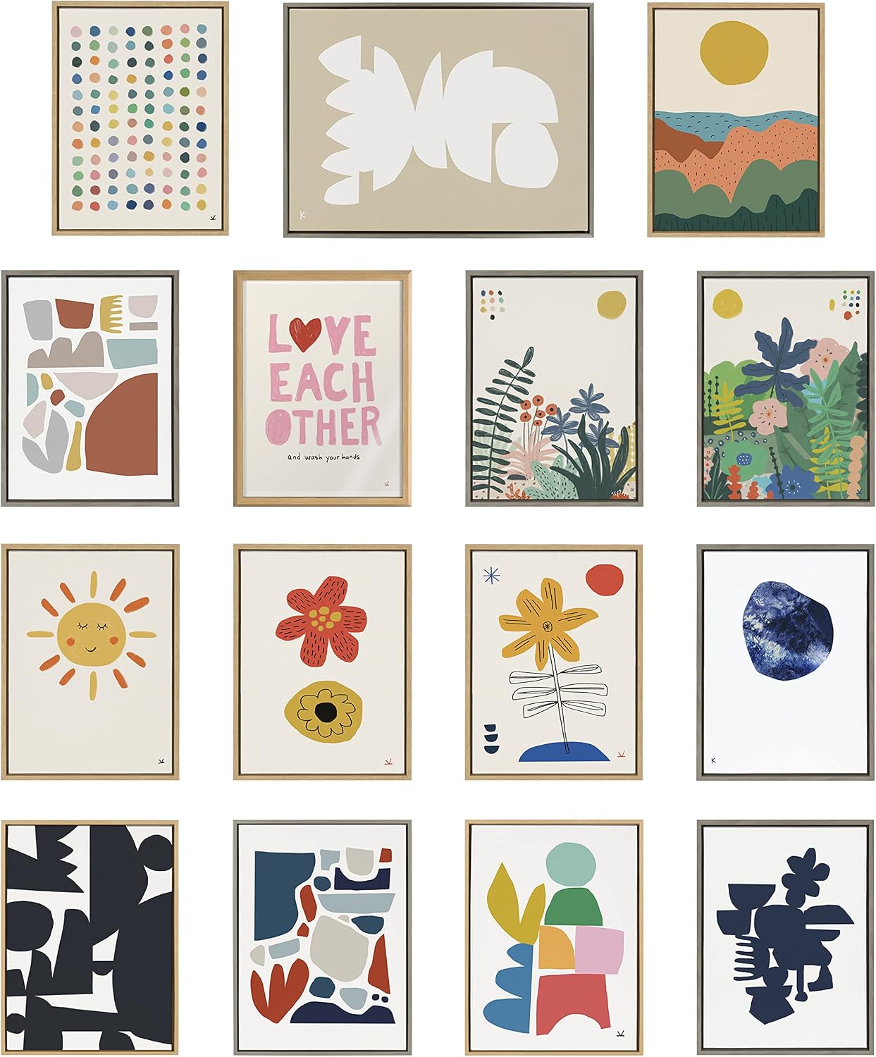 Kate and Laurel Sylvie Meditation 1 and 2 Framed Canvas Wall Art Set by Kelly Knaga; 2 Piece 23x33 Natural; Modern Abstract Colorful Polka Dot Art Set for Wall Home Decor