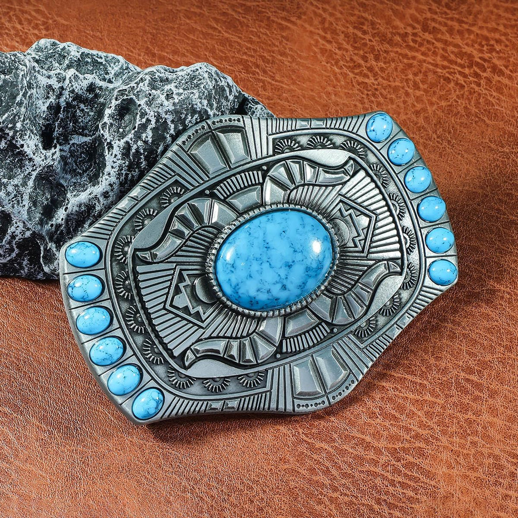 Men's Western Belt Buckle - Vintage Turquoise with Native American & Cowboy Elements