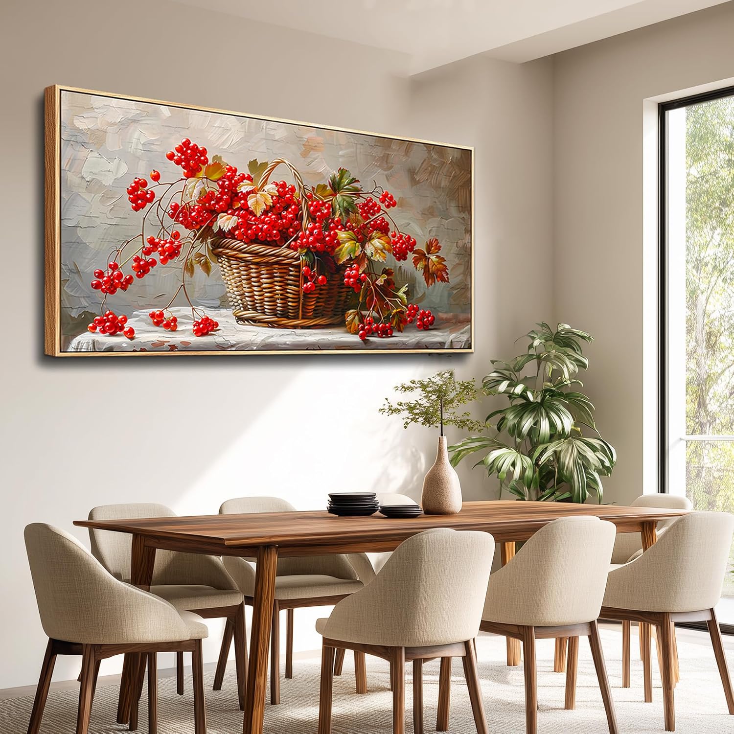 PHAOHUAXM Canvas Wall Art For Living Room Restaurant Wall Decoration For Office Bedroom Bathroom Abstract Red Fruit Mural Wooden Frame Printing Picture Artworks Modern Home Decor Aesthetics 24'X48'