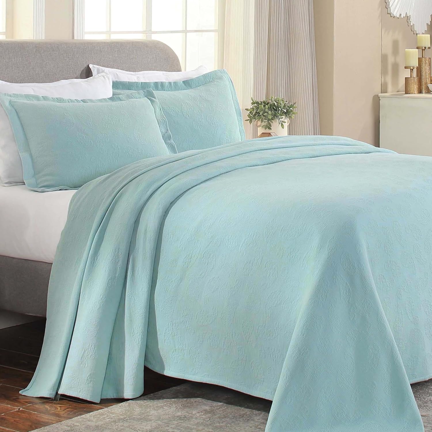 Superior Paisley Jacquard Matelasse Cotton Bedspread with Matching Shams, King, Aqua, 3 Pieces