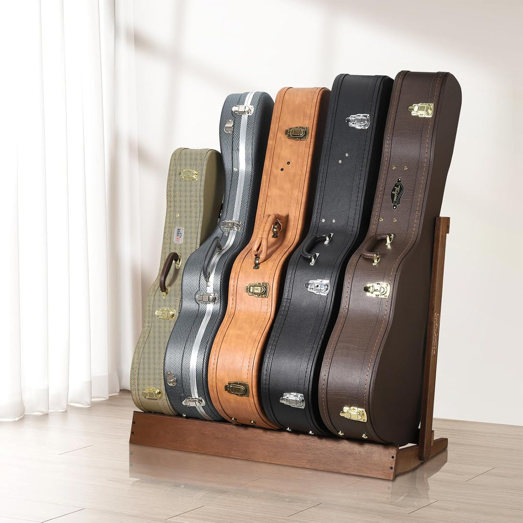 Multi Wood Guitar Rack for 5 Acoustic, Electric or Bass Guitars - Hardwood Stand with Padded Floor Display,18mm-thick wooden plank