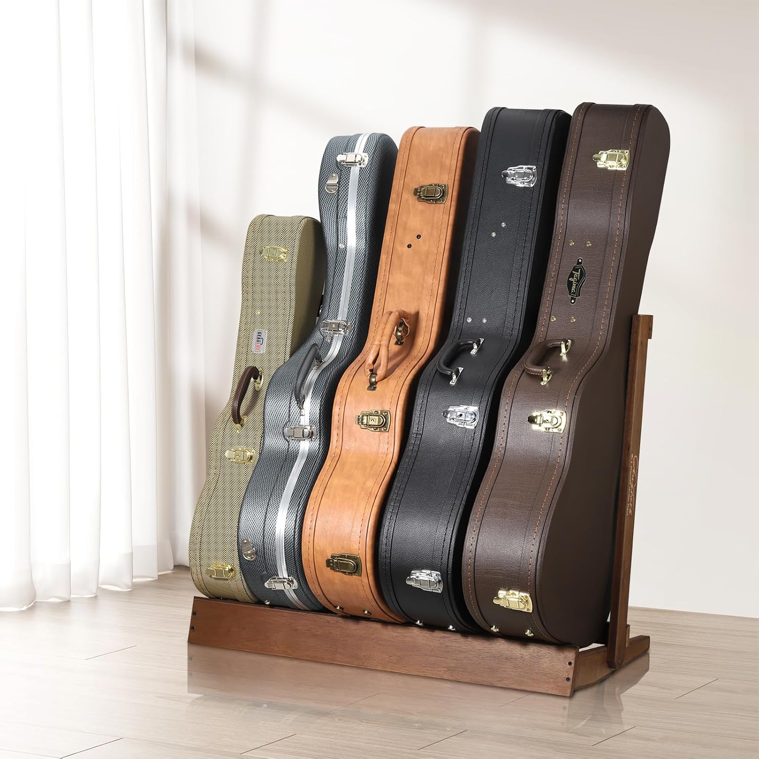 Multi Wood Guitar Rack for 5 Acoustic, Electric or Bass Guitars - Hardwood Stand with Padded Floor Display,18mm-thick wooden plank