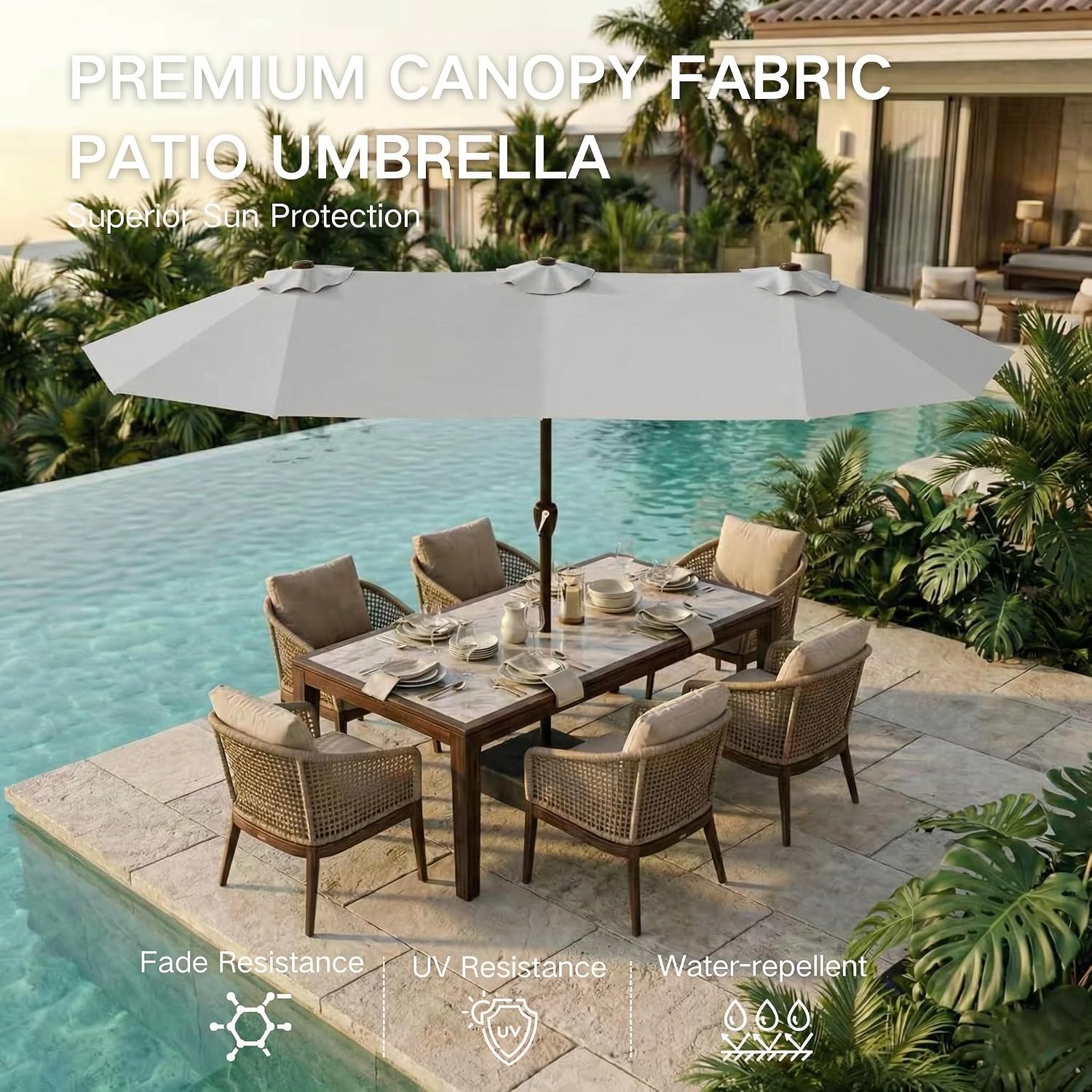 Kingdura 15ft Large Patio Umbrella with Base Included, Double-Sided Rectangle Outdoor Table Umbrella with 12 Reinforced Ribs, Crank Lift for Market Pool Deck Backyard, Light grey
