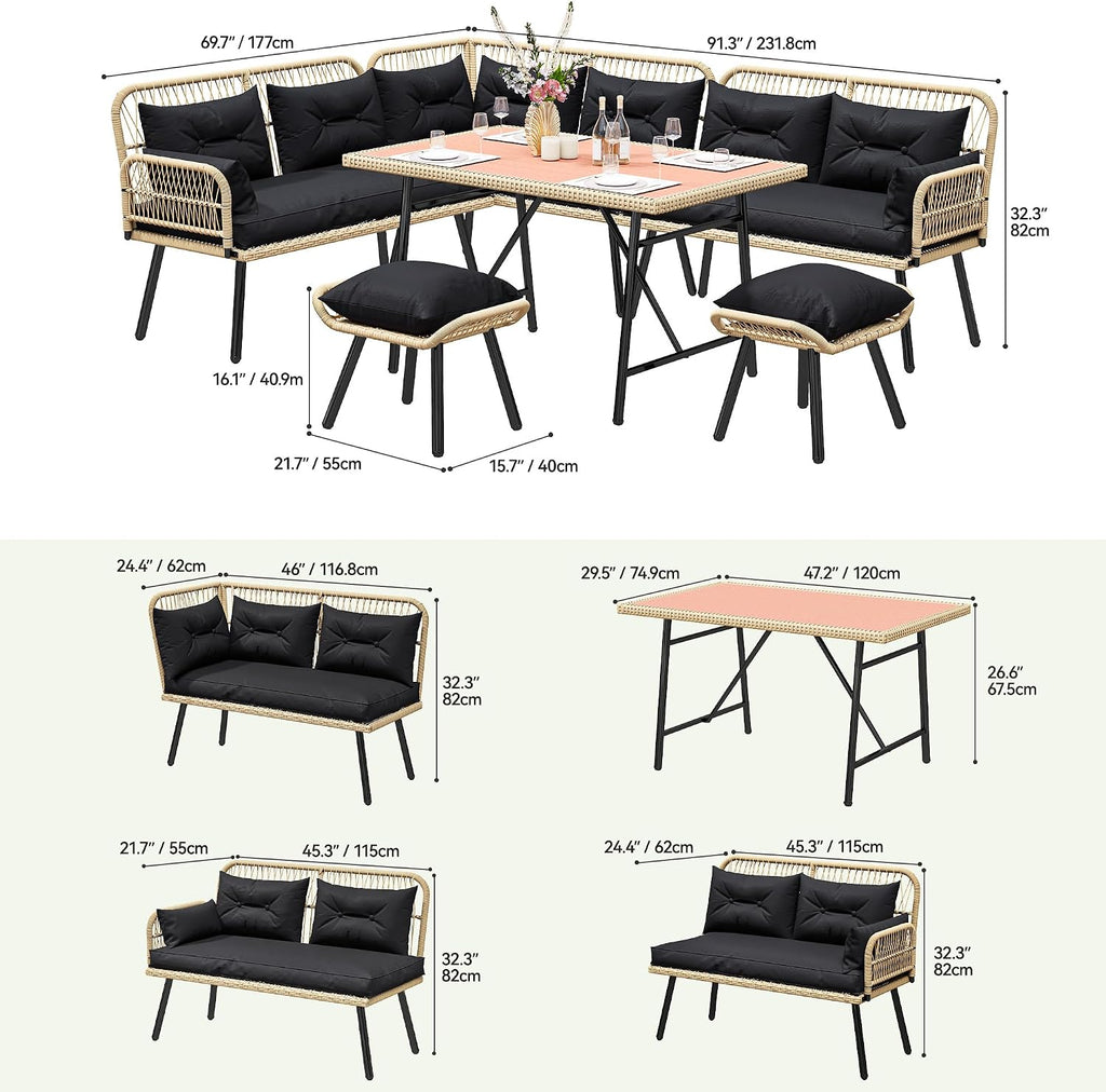 YITAHOME L-Shaped Patio Furniture Set, All-Weather Rattan Outdoor Conversation Sofa with Soft Cushions, Ottomans & Plastic Wood Dining Table for Backyard Deck, Light Brown + Black