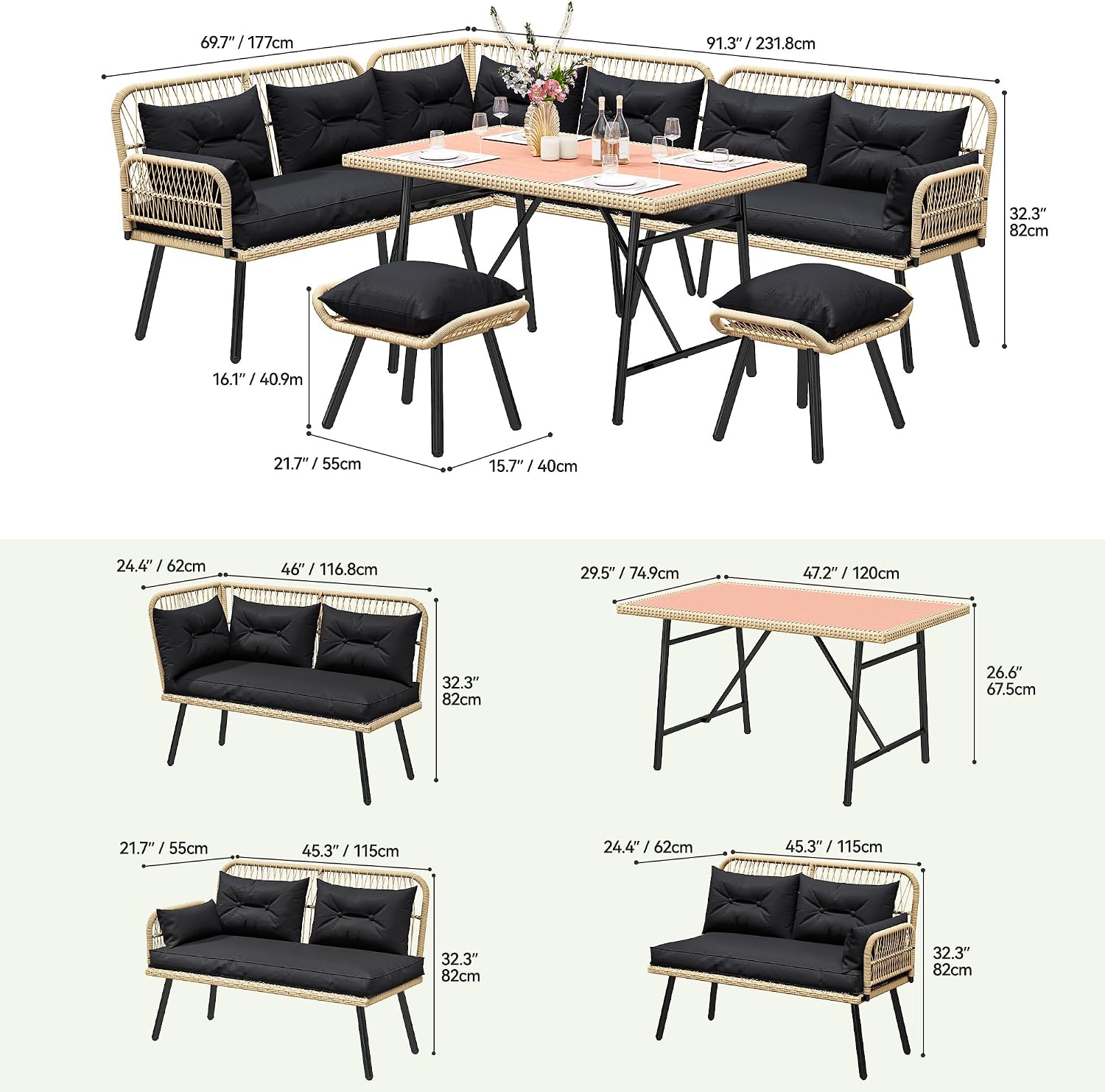 YITAHOME L-Shaped Patio Furniture Set, All-Weather Rattan Outdoor Conversation Sofa with Soft Cushions, Ottomans & Plastic Wood Dining Table for Backyard Deck, Light Brown + Black
