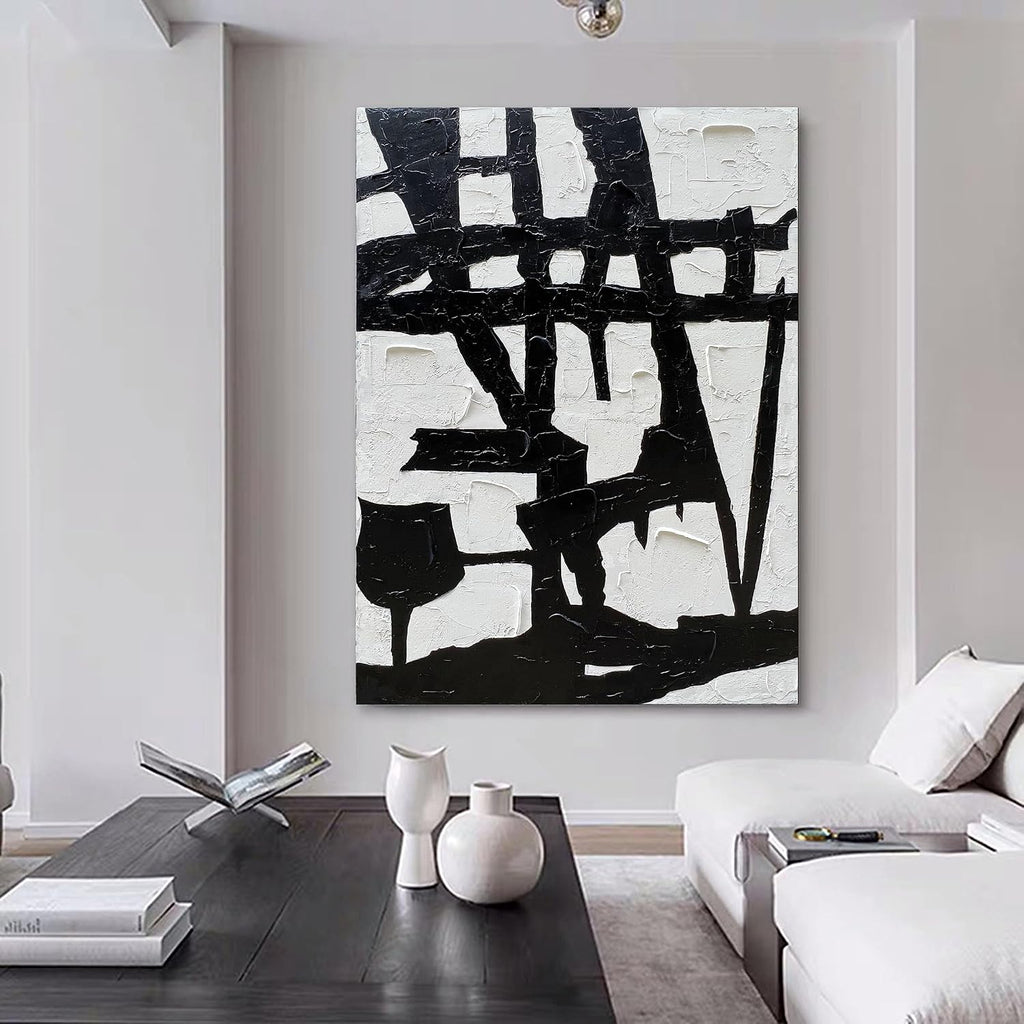 NANKAI Hand-Painted Black and White Wall Art Minimalist Black and White Abstract Painting Large Oil on Canvas Texture Wall Art 45x30 inches