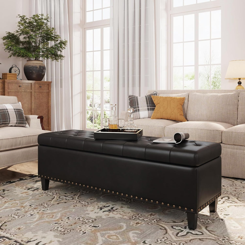FiveWillowise Storage Ottoman Bench,51-Inch Large Storage Bench for Bedroom End of Bed, 30 Gallons Faux Leather Ottoman with Storage for Bedroom, Living Room, Entryway, Black