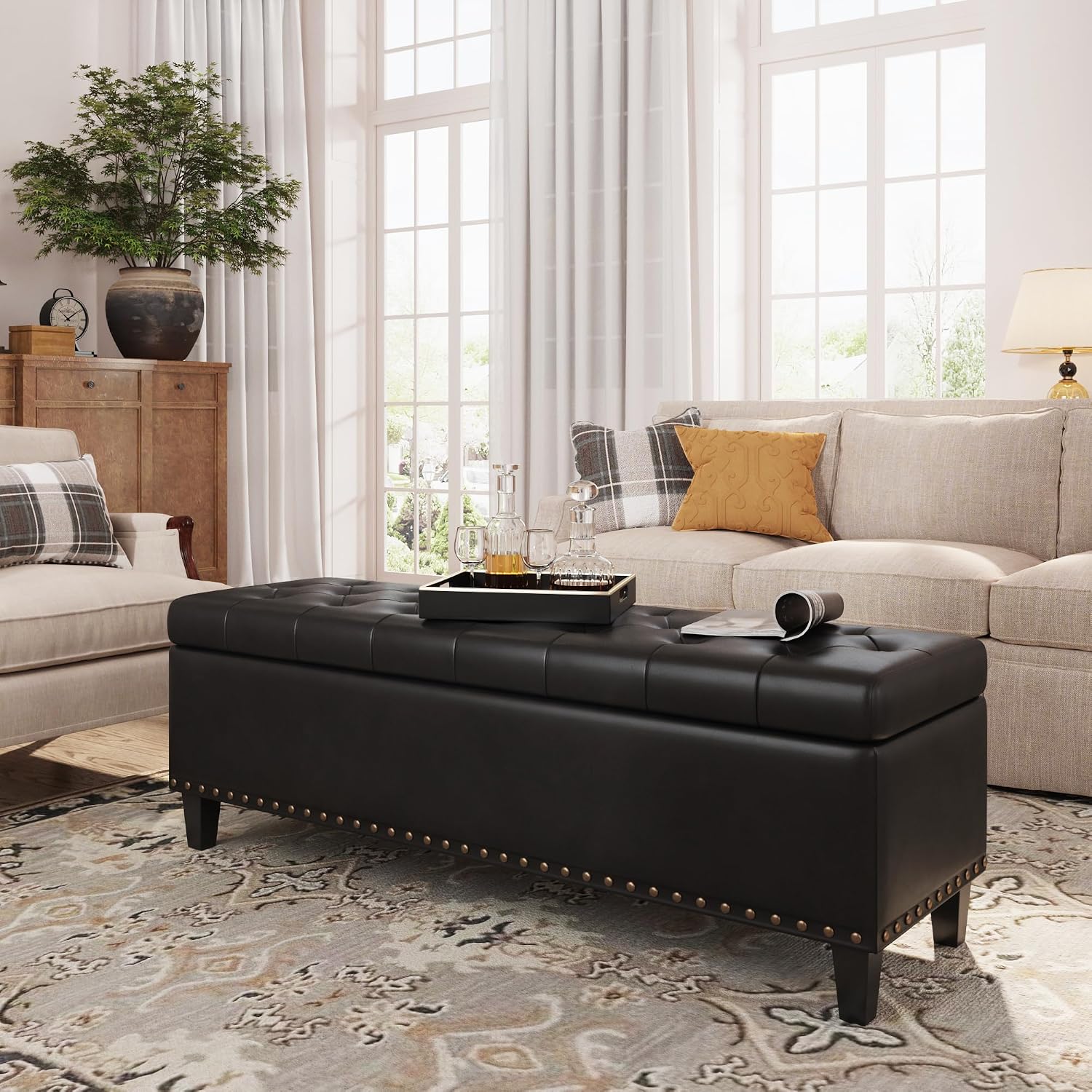 FiveWillowise Storage Ottoman Bench,51-Inch Large Storage Bench for Bedroom End of Bed, 30 Gallons Faux Leather Ottoman with Storage for Bedroom, Living Room, Entryway, Black
