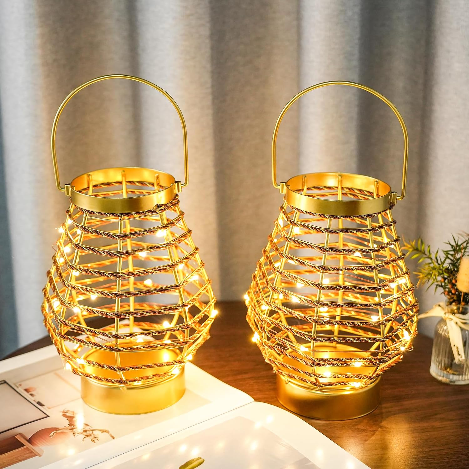 Set of 12 Metal Cordless Table Lamp 8 'H Metal Cage LED Cage Lamp with 6-Hour Timer, Vintage Decorative Fairy Lights Lantern for Indoor/Outdoor Bedrooms Weddings Parties Patio Events