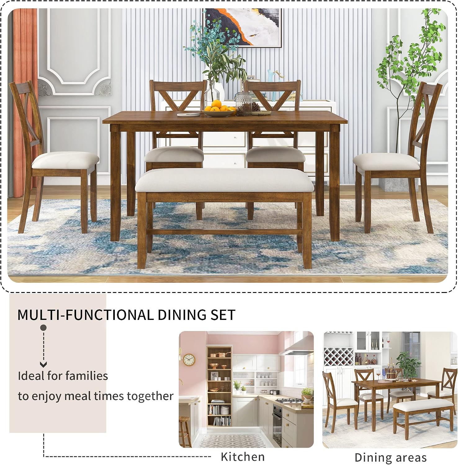 6-Piece Dining Room Table Set, Rustic Farmhouse Wood Dining Table Set with Rectangular Table 4 Upholstered Padded Chairs and 1 Padded Bench, Dining Set for Family of 4-6 People