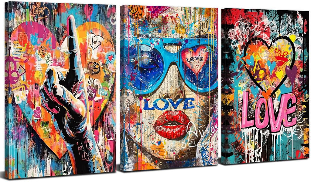 Banksy Art Wall Decor Cool Street Graffiti Canvas Wall Art Abstract Artist Love Gesture Posters Print Artwork Colorful Giclee Framed Artwork for Mens Bedroom Trendy Player Home Decoration 24x36 3 Pcs
