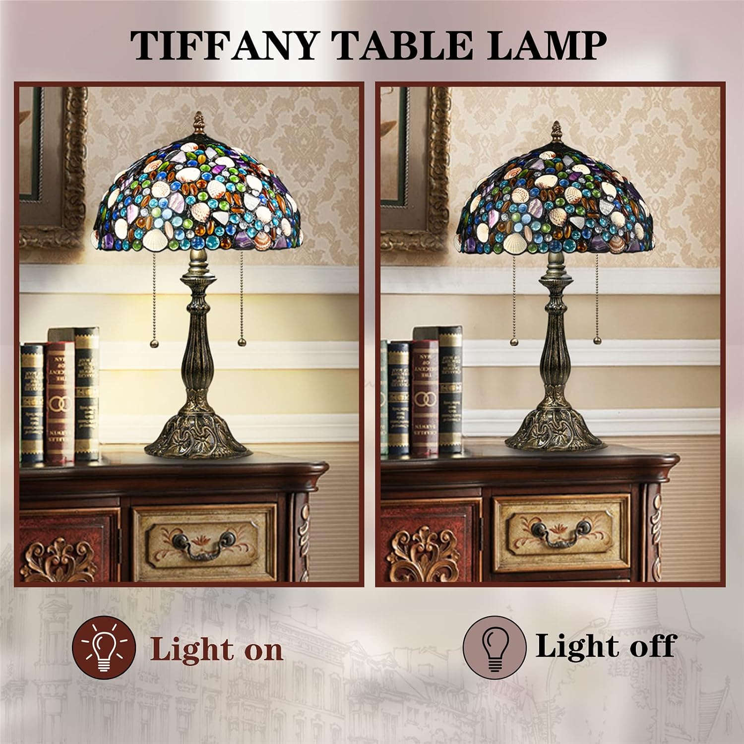 Tiffany Table Lamp,Stained Glass Lamp with Natural Shell,12' Vintage 2-Light Handmade Tiffany Style Lamp,Tiffany Bedside Light for Bedroom Living Room Office(2 LED Bulbs Included)