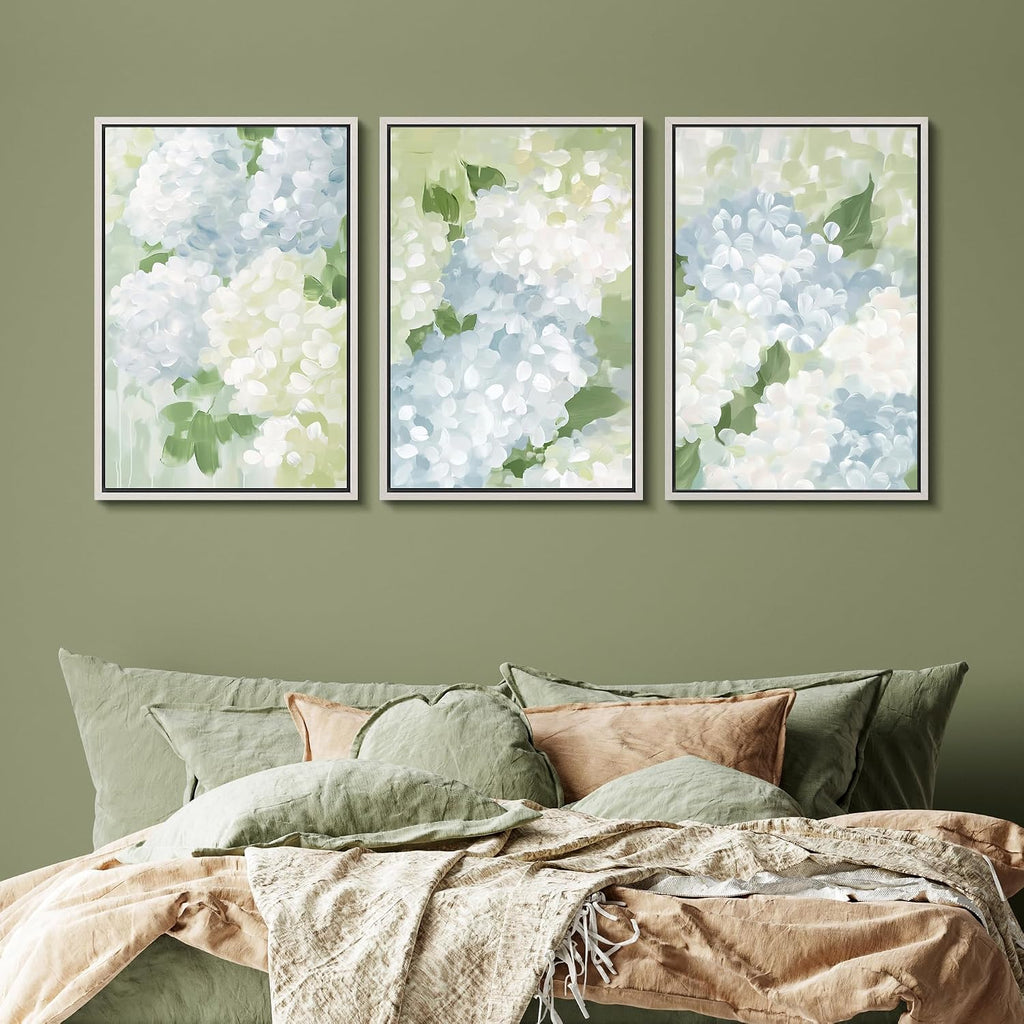 SIGNFORD Framed Canvas Print Wall Art Set Soft Hydrangea Floral Subtle Blue and Green Hues Illustrations Modern Art Relax/Calm for Living Room, Bedroom, Office - 24'x36'x3 White