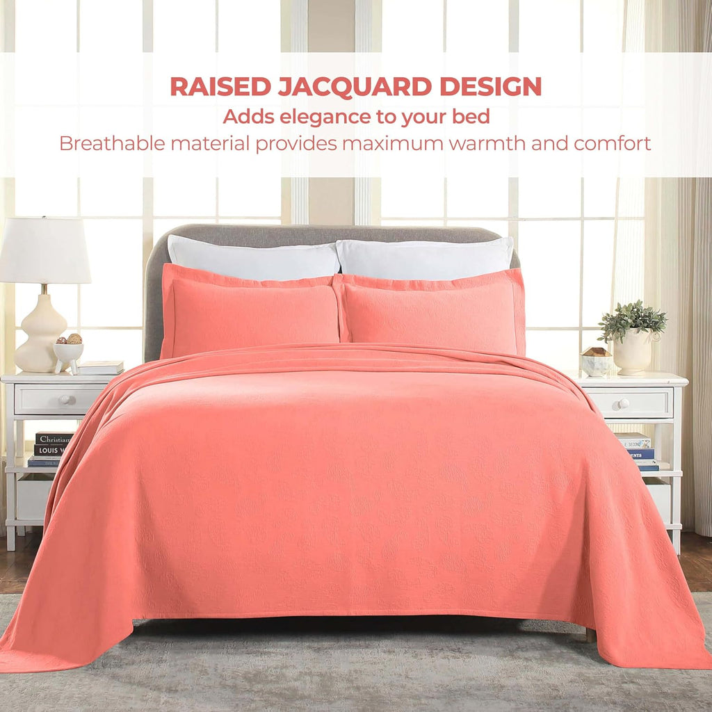 Superior Paisley Cotton 3 Piece Bedspread Set, Home Bed Decor, Decorative Textured Bed Spread, 2 Pillow Shams, Airy Blanket, Matelasse Coverlet Bedding, Vintage Floral Design, King, Coral