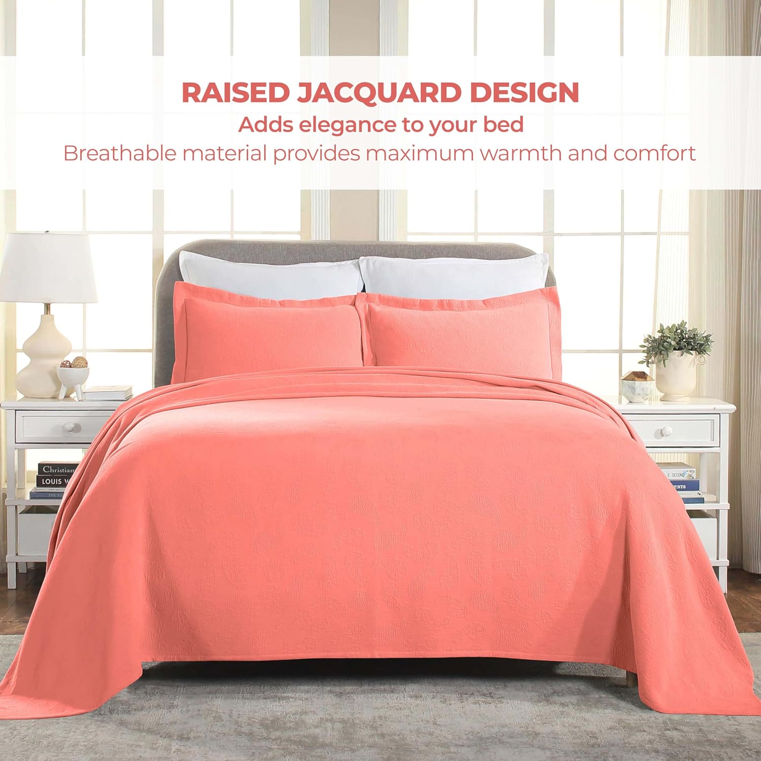 Superior Paisley Cotton 3 Piece Bedspread Set, Home Bed Decor, Decorative Textured Bed Spread, 2 Pillow Shams, Airy Blanket, Matelasse Coverlet Bedding, Vintage Floral Design, King, Coral