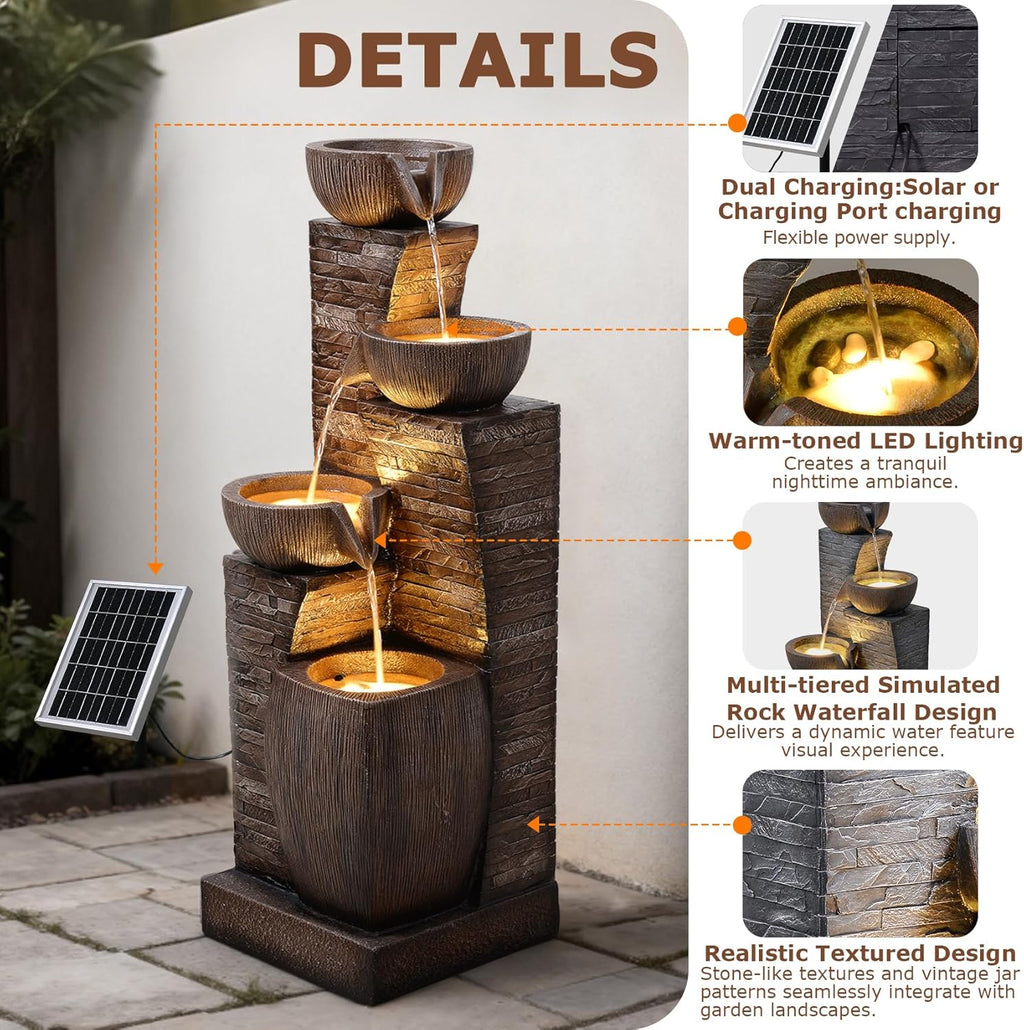 38.2' Tall Solar Powered Water Fountain for Outdoor,4 Tiers Modern Cascading Bowls and Stacked Stones Solar Fountains with LED Lights for Garden, Patio, Deck, Backyard and Home Art Decor