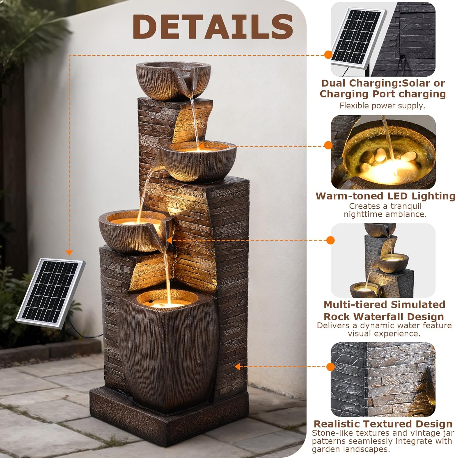 38.2' Tall Solar Powered Water Fountain for Outdoor,4 Tiers Modern Cascading Bowls and Stacked Stones Solar Fountains with LED Lights for Garden, Patio, Deck, Backyard and Home Art Decor