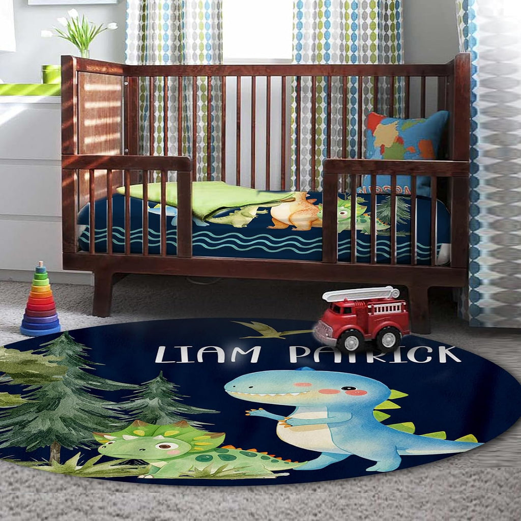 TOOTANN Custom Baby Crib Bedding Set, 5 Pcs Personalized Name Baby Crib Sheets for Kid Toddler Infant, Dark Blue Cartoon Dinosaurs Nursery Bedding Set