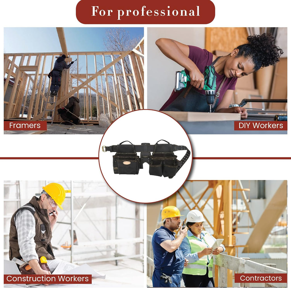 Style n Craft 4-Piece and 17-Pocket Pro Framer's Combo, Tool Belt with 2 Tool Pouches and 1 Hammer Holder, Full-Grain Oiled Leather Tool Belt, Dark Brown (90429)