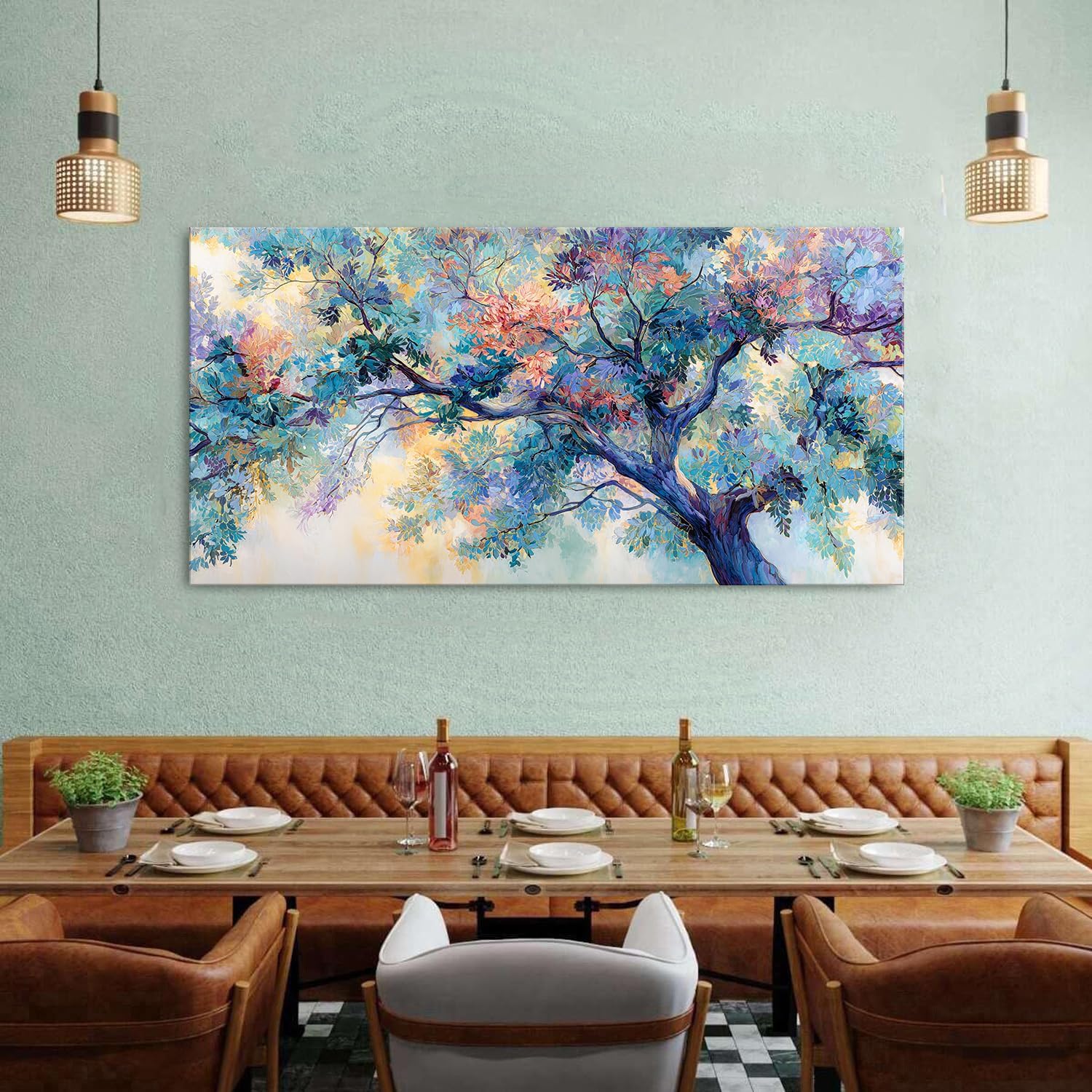 Abstract Tree Wall Art Colorful Tree of Life Wall Decor Nature Teal Green Trees Painting Canvas Prints Graffiti Botanical Pictures Posters Modern Artwork for Bedroom Living Room Home Decoration 30x57.8'
