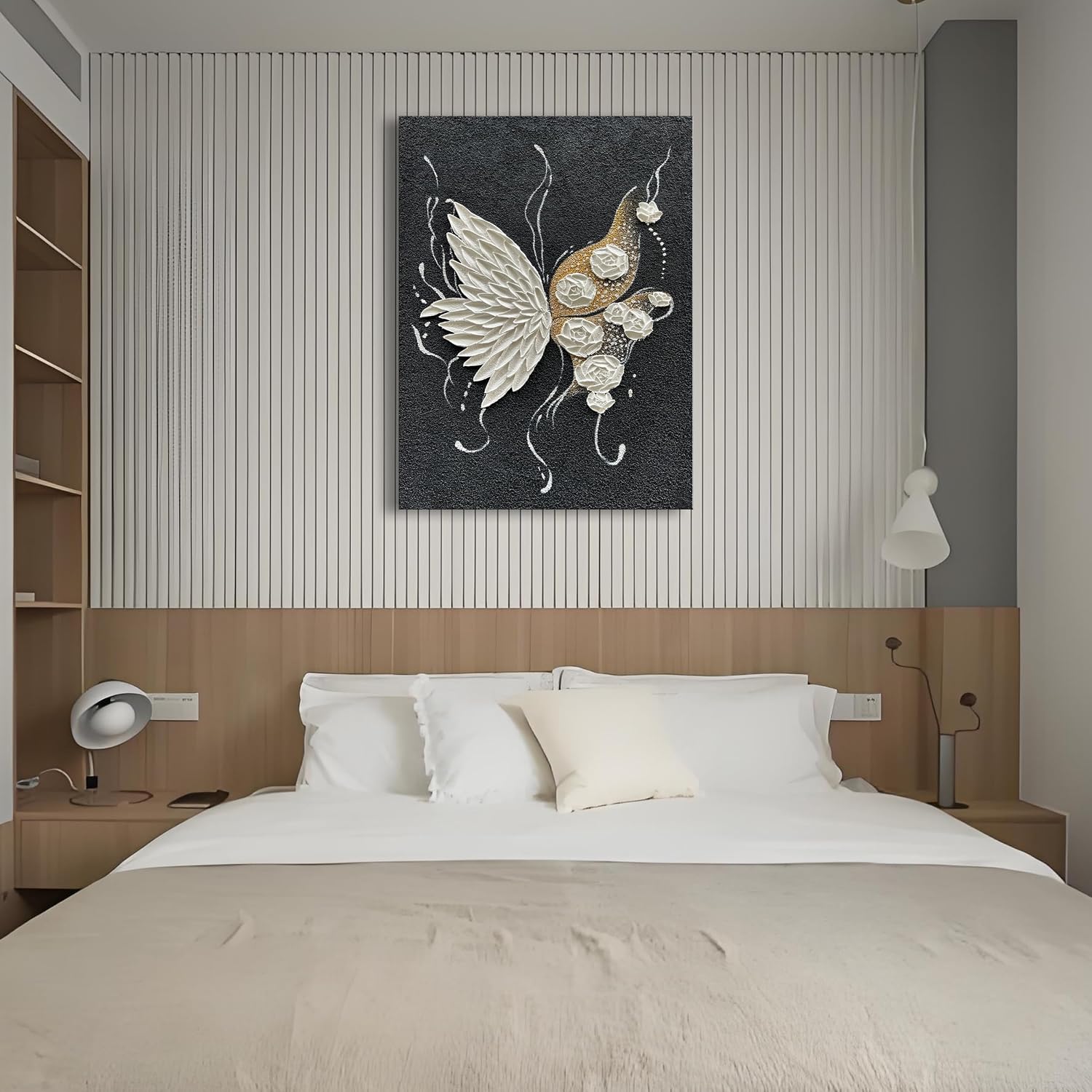 Hand Painted White Butterfly and White Flower Art Painting Modern Black and White Abstract Wall Art Decoration 40x28 Inches
